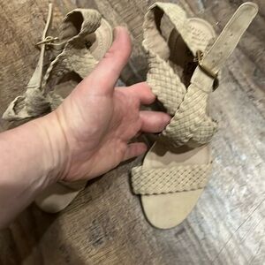 Sandals, high chunk heel, woven, cross front straps, faux suede